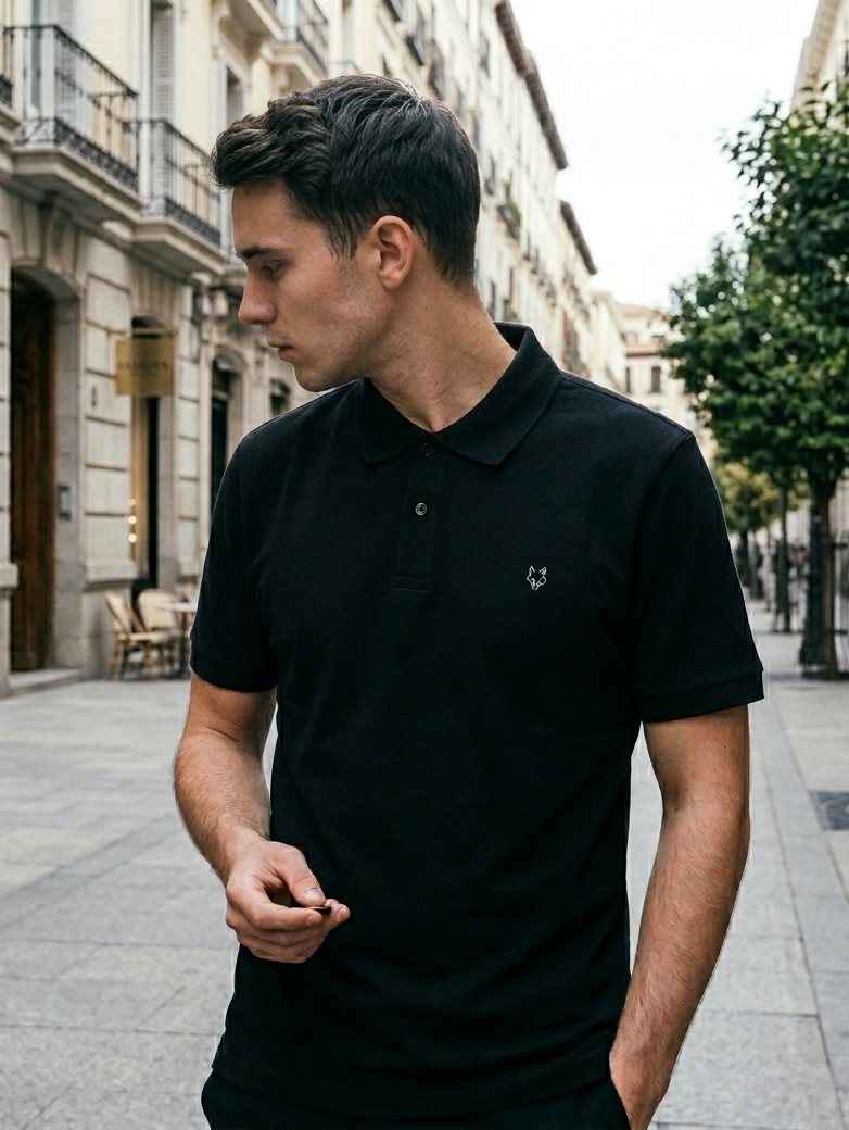 Polo Negro Lobo Bordado