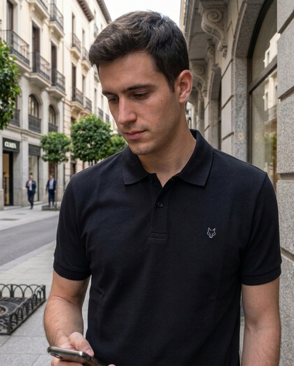 Polo Negro Lobo Bordado